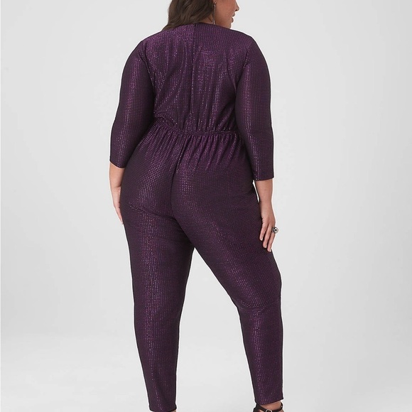 LANE BRYANT SHIMMER PURPLE 3/4 SLEEVE FRONT RUCHED V-NECK JUMPSUIT SZ 18/20 - Picture 2 of 12